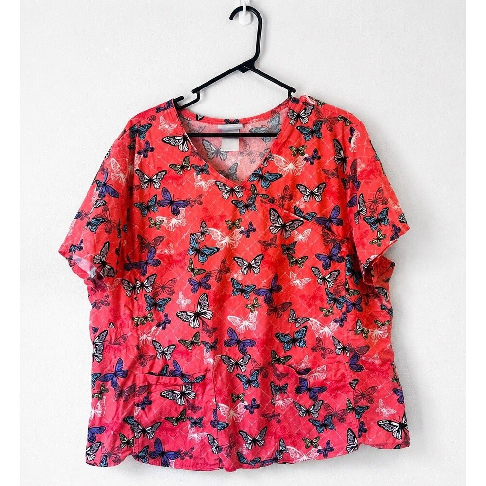 Scrubstar Women’s 2X Coral Butterfly Print V-Neck Scrub Top Nurse Medical